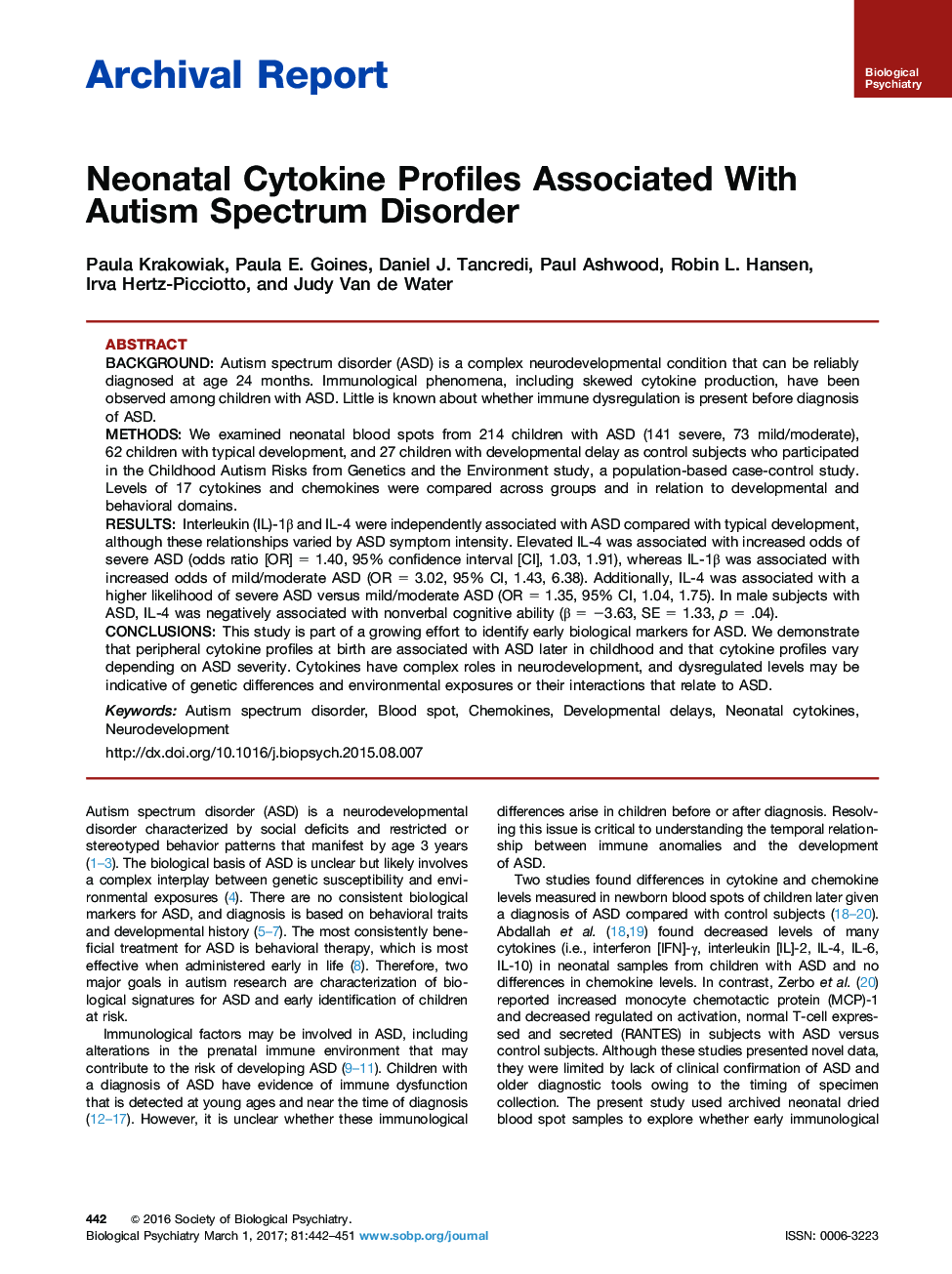 Archival ReportNeonatal Cytokine Profiles Associated With Autism Spectrum Disorder