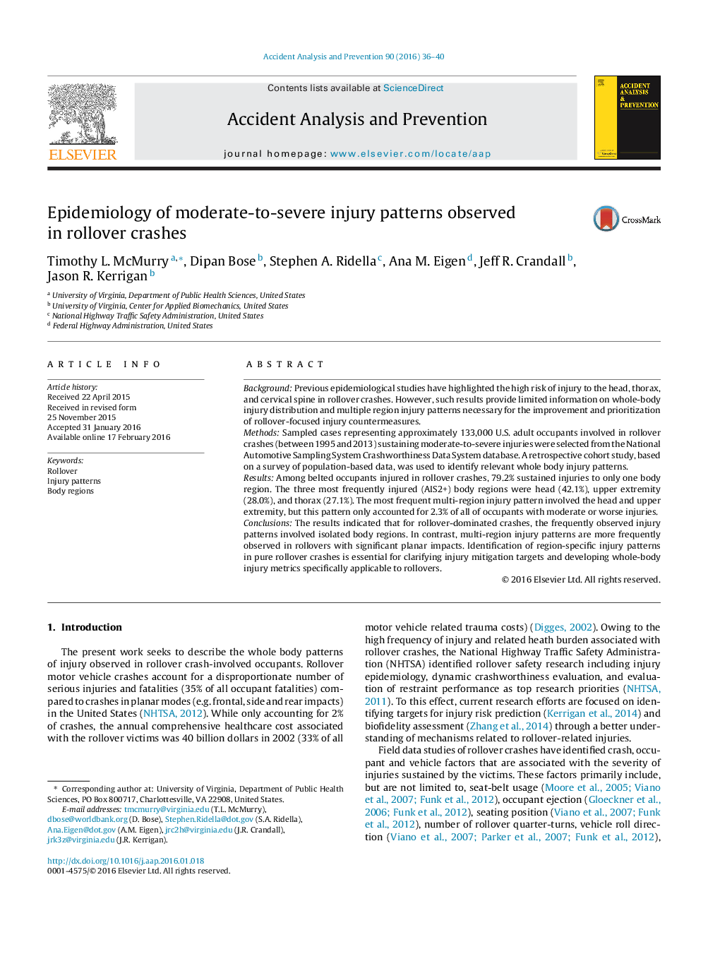 Epidemiology of moderate-to-severe injury patterns observed in rollover crashes