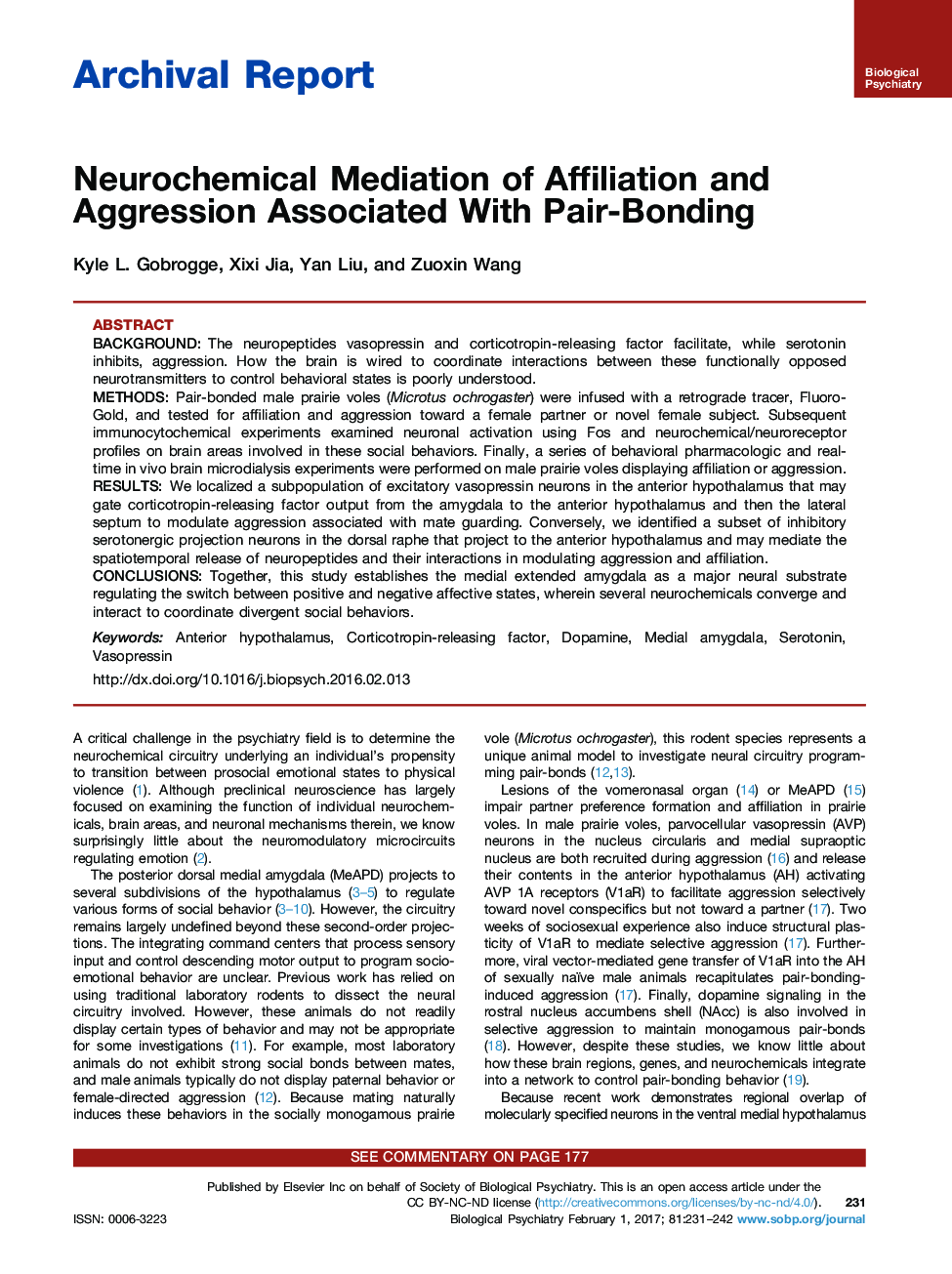 Archival ReportNeurochemical Mediation of Affiliation and Aggression Associated With Pair-Bonding