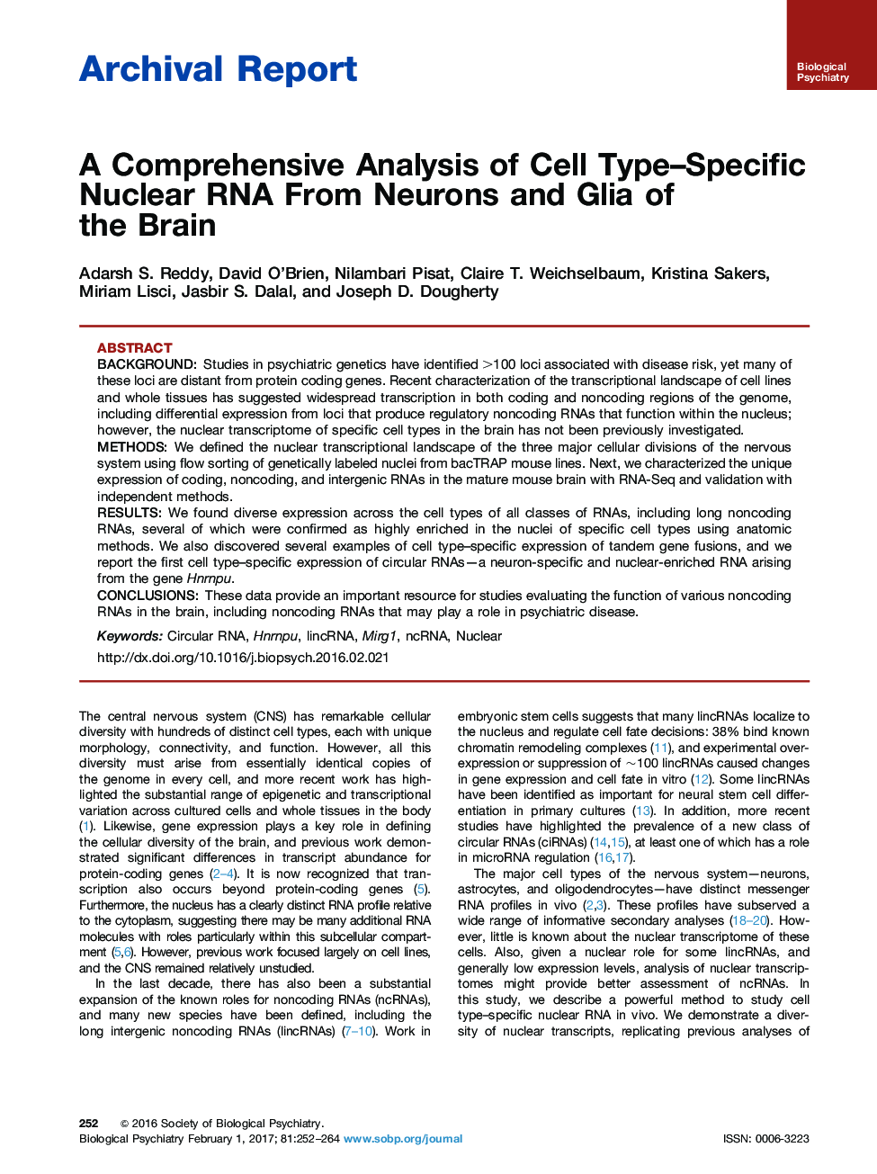 Archival ReportA Comprehensive Analysis of Cell Type-Specific Nuclear RNA From Neurons and Glia of the Brain