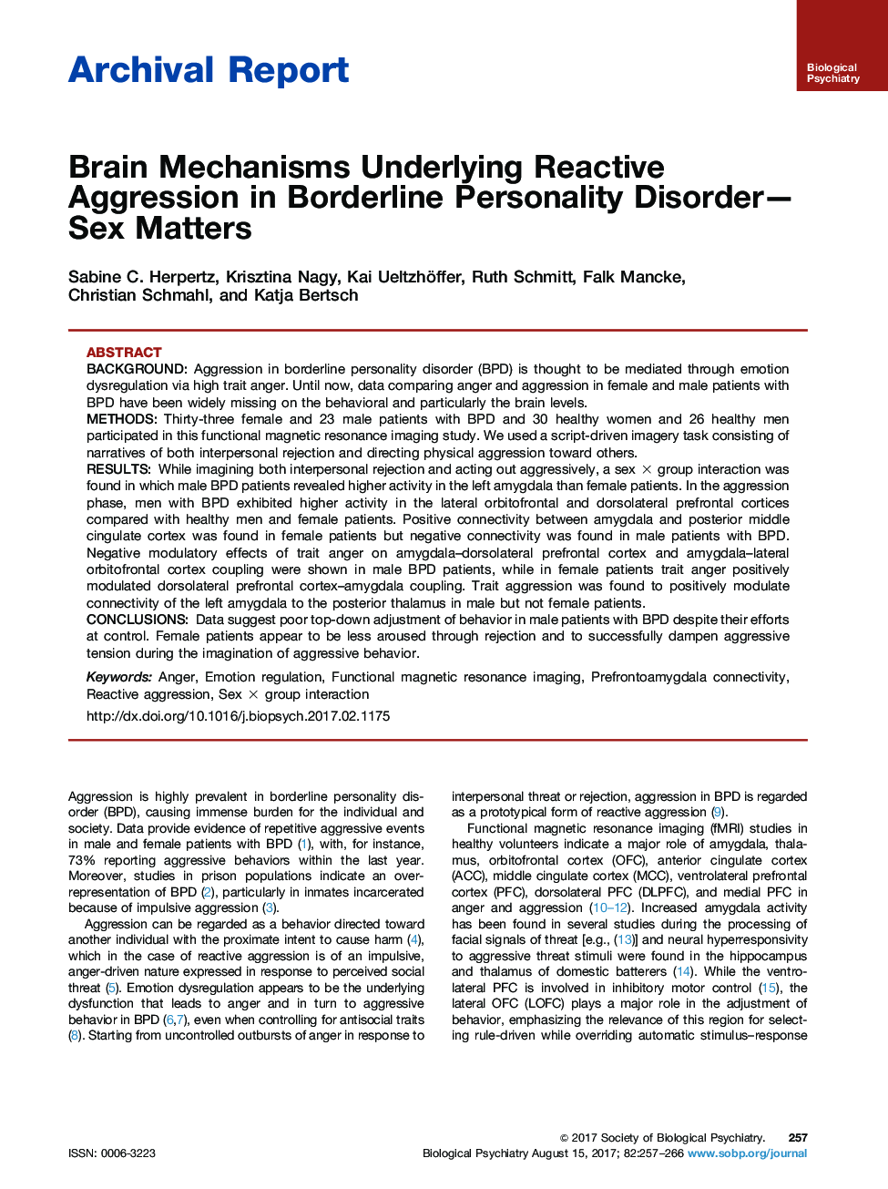 Archival ReportBrain Mechanisms Underlying Reactive Aggression in Borderline Personality Disorder-Sex Matters