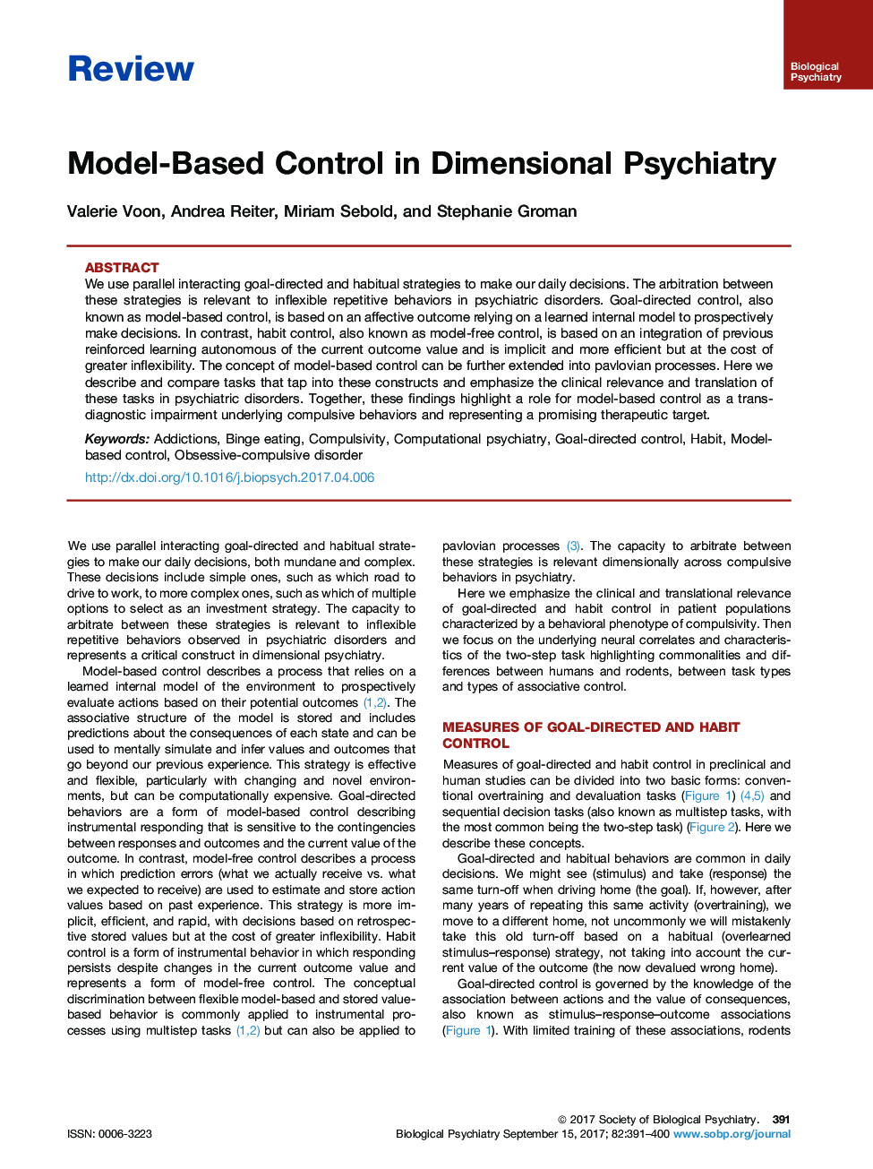 عکس صفحه اول مقاله: ReviewModel-Based Control in Dimensional Psychiatry ReviewModel-Based Control in Dimensional Psychiatry