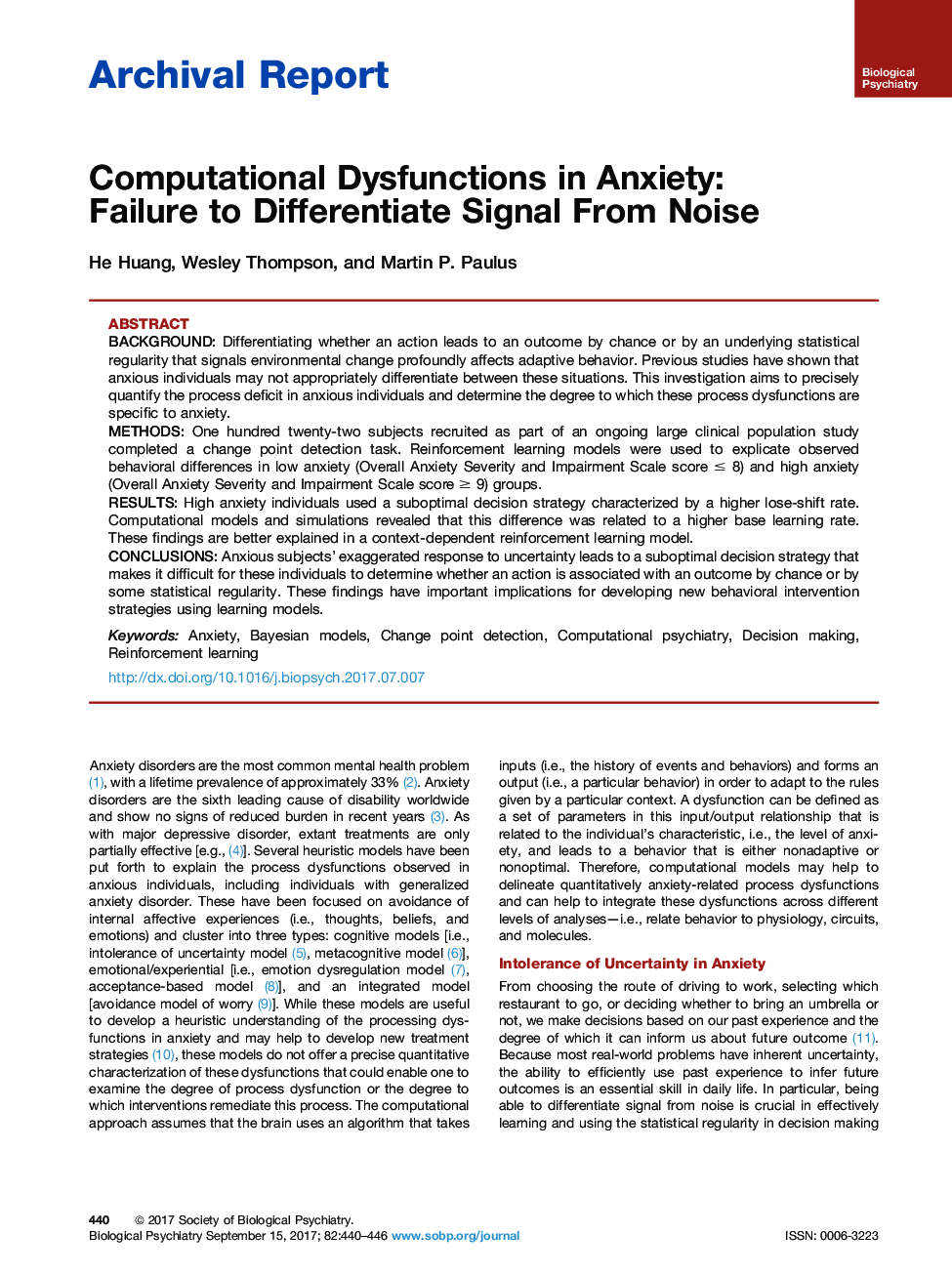 Archival ReportComputational Dysfunctions in Anxiety: FailureÂ toÂ Differentiate Signal From Noise