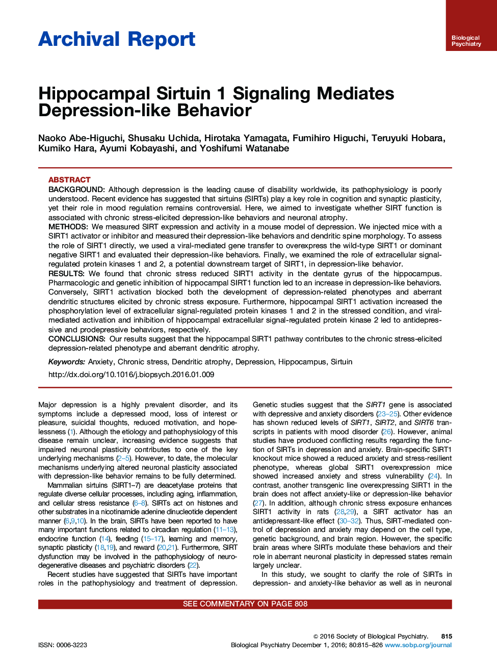 Archival ReportHippocampal Sirtuin 1 Signaling Mediates Depression-like Behavior