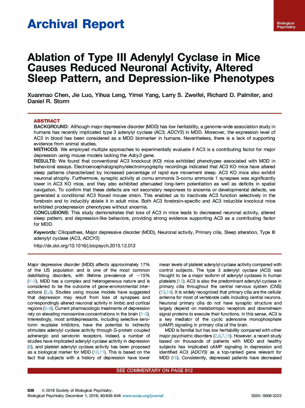 Archival ReportAblation of Type III Adenylyl Cyclase in Mice Causes Reduced Neuronal Activity, Altered Sleep Pattern, and Depression-like Phenotypes