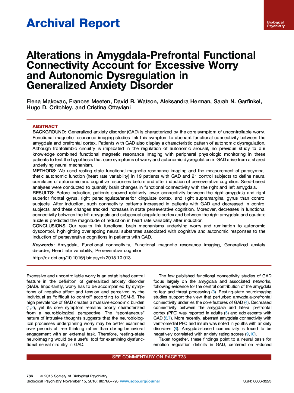 Archival ReportAlterations in Amygdala-Prefrontal Functional Connectivity Account for Excessive Worry and Autonomic Dysregulation in Generalized Anxiety Disorder
