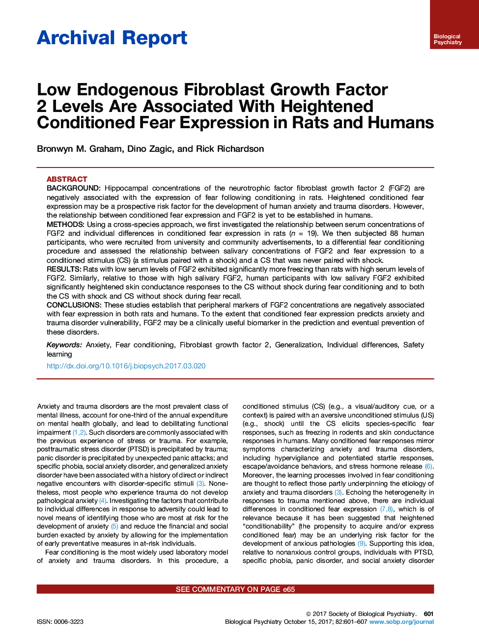 Archival ReportLow Endogenous Fibroblast Growth Factor 2Â Levels Are Associated With Heightened Conditioned Fear Expression in Rats and Humans