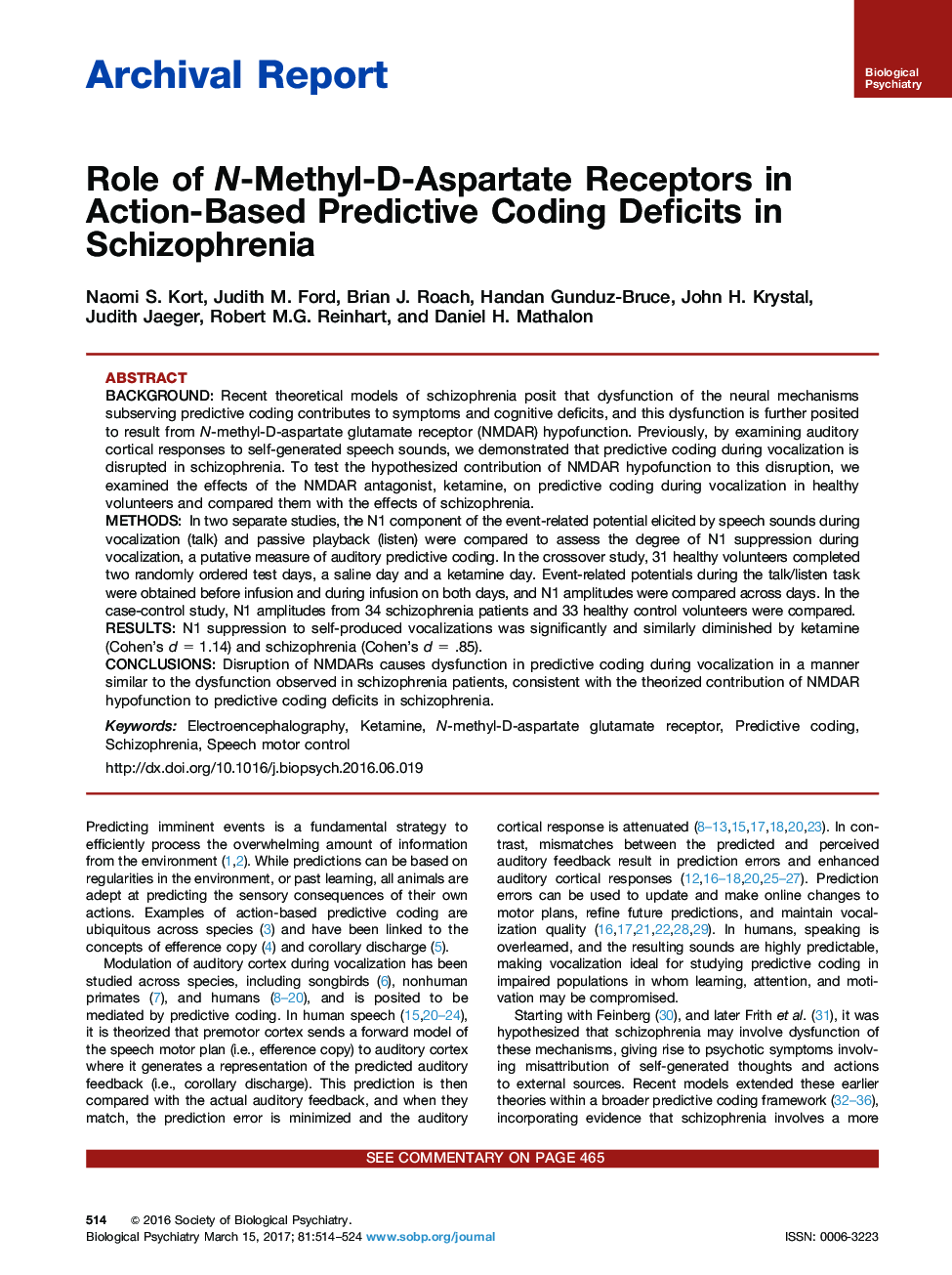 Archival ReportRole of N-Methyl-D-Aspartate Receptors in Action-Based Predictive Coding Deficits in Schizophrenia