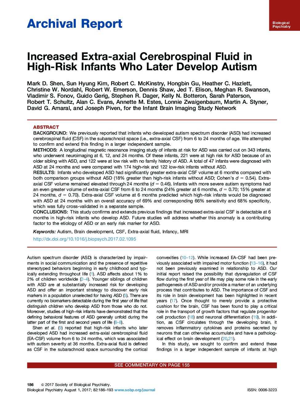 گزارش بایگانی افزایش سیال مغزی فوقانی محوری در نوزادان پرخطر که بعدا اوتیسم را توسعه می دهند 