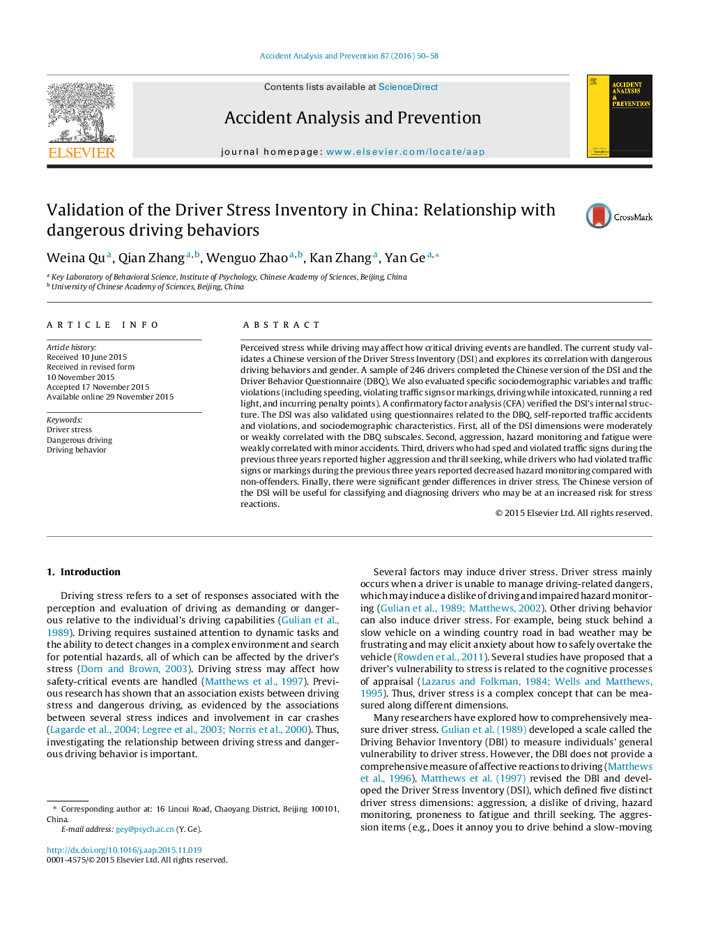 Validation of the Driver Stress Inventory in China: Relationship with dangerous driving behaviors