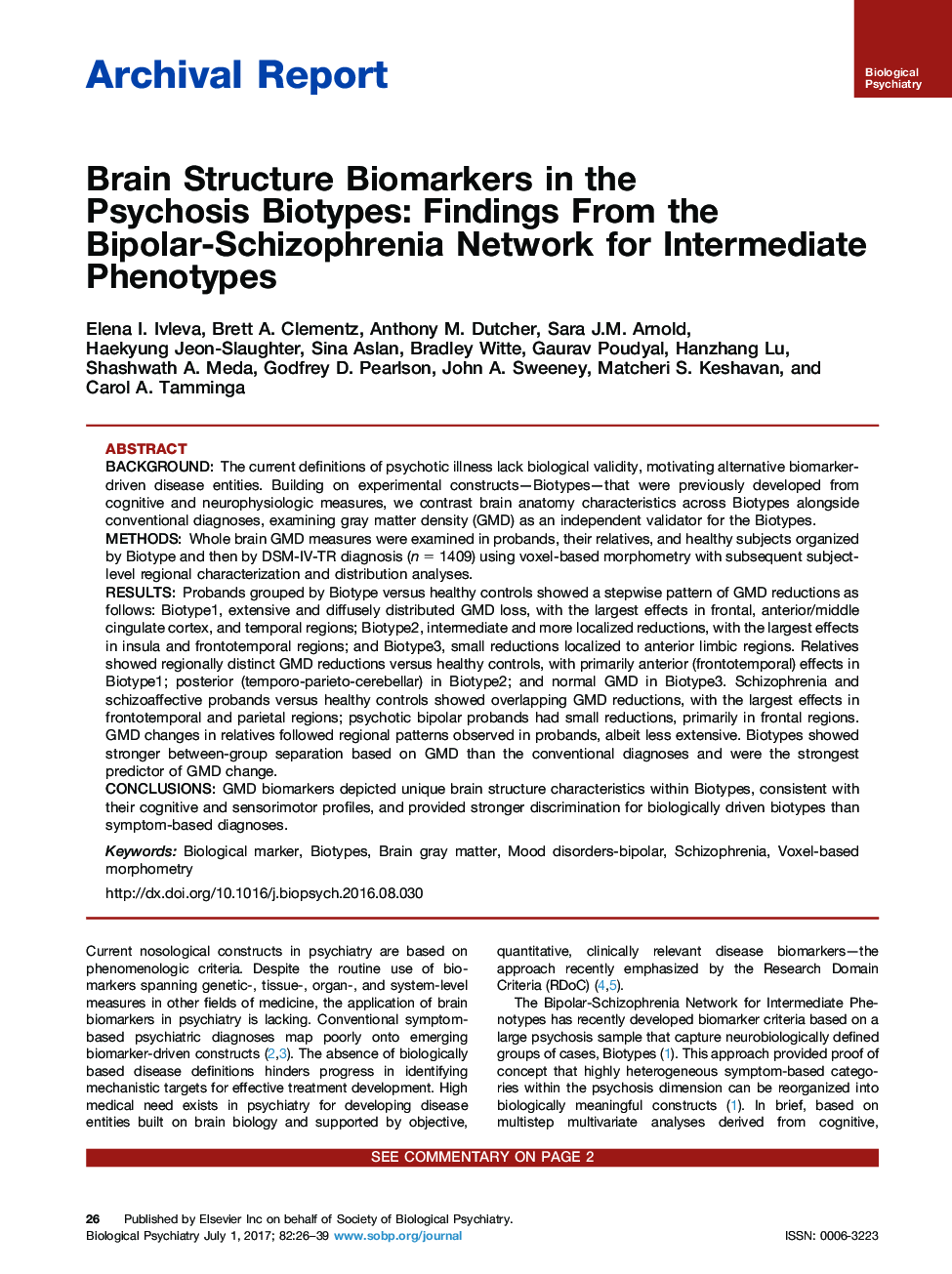 Archival ReportBrain Structure Biomarkers in the Psychosis Biotypes: Findings From the Bipolar-Schizophrenia Network for Intermediate Phenotypes