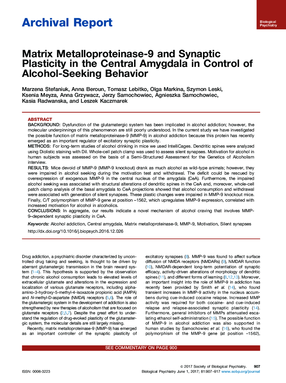 Archival ReportMatrix Metalloproteinase-9 and Synaptic Plasticity in the Central Amygdala in Control of Alcohol-Seeking Behavior