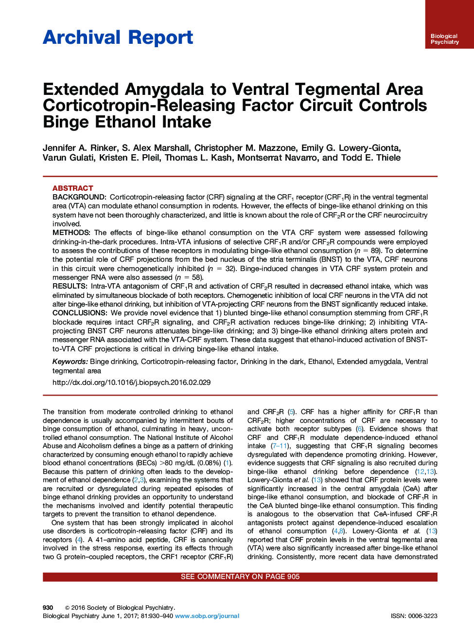 Archival ReportExtended Amygdala to Ventral Tegmental Area Corticotropin-Releasing Factor Circuit Controls Binge Ethanol Intake