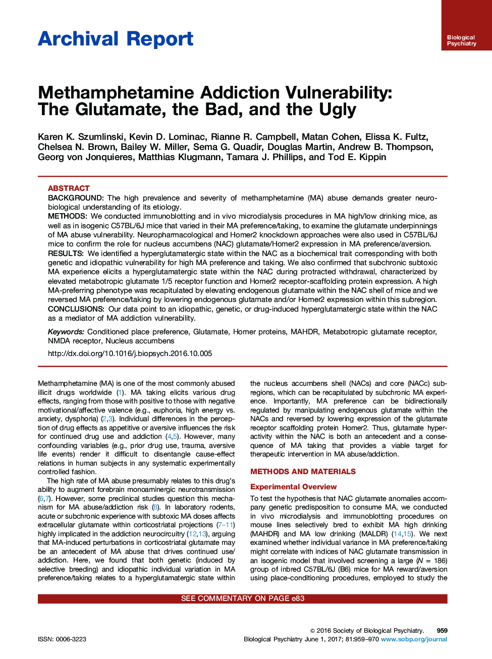 Archival ReportMethamphetamine Addiction Vulnerability: The Glutamate, the Bad, and the Ugly