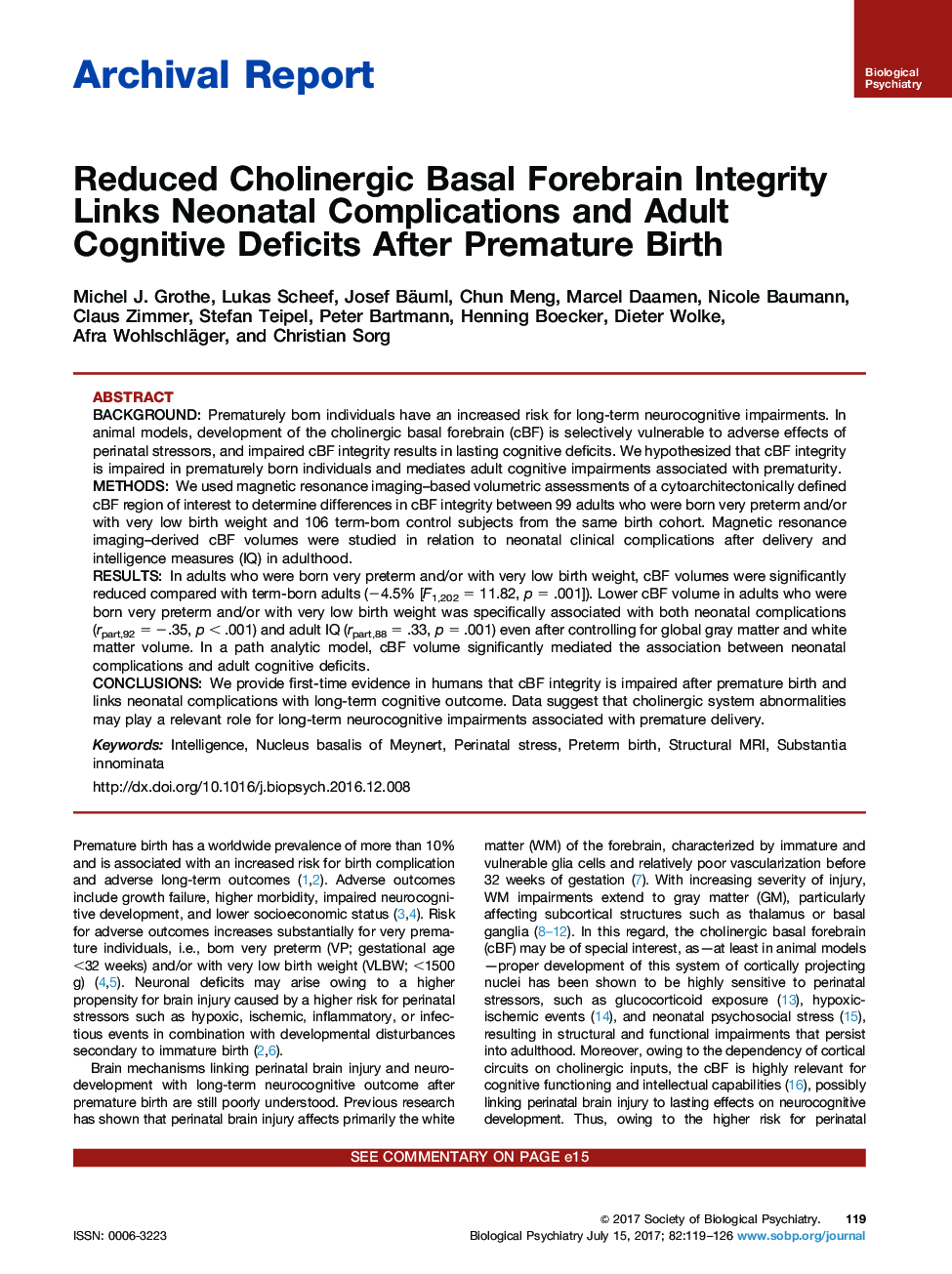 Archival ReportReduced Cholinergic Basal Forebrain Integrity Links Neonatal Complications and Adult Cognitive Deficits After Premature Birth