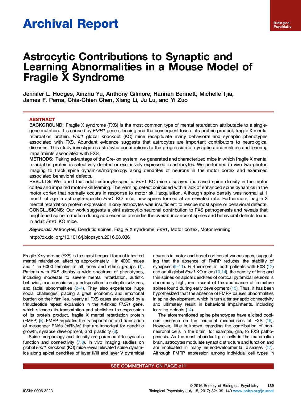 Archival ReportAstrocytic Contributions to Synaptic and Learning Abnormalities in a Mouse Model of Fragile X Syndrome