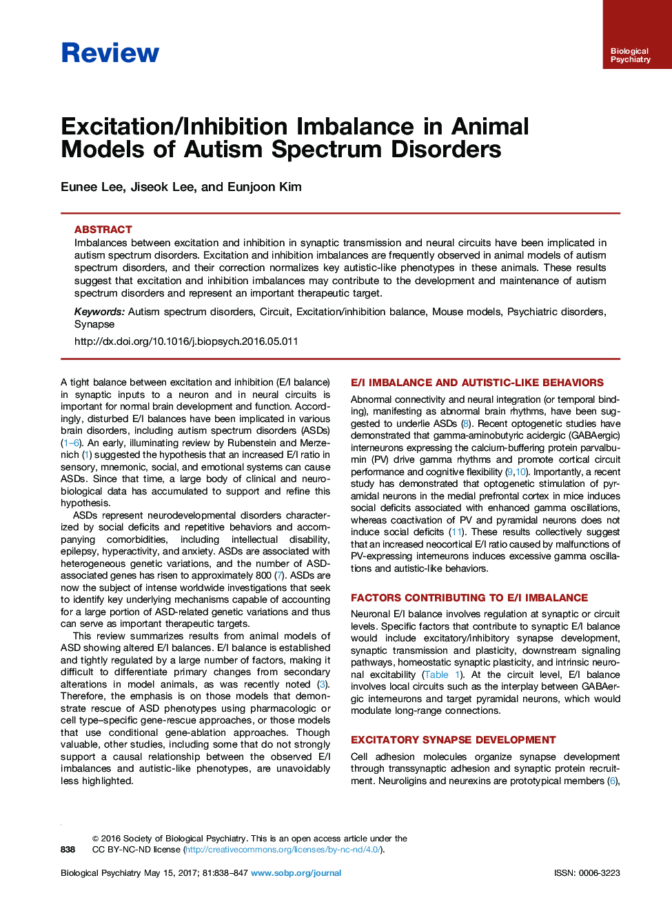 ReviewExcitation/Inhibition Imbalance in Animal Models of Autism Spectrum Disorders