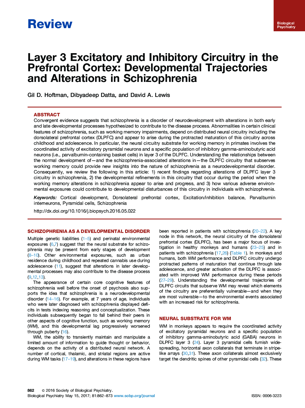 ReviewLayer 3 Excitatory and Inhibitory Circuitry in the Prefrontal Cortex: Developmental Trajectories and Alterations in Schizophrenia