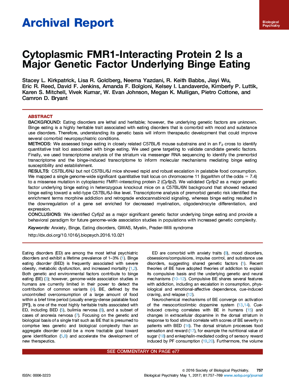 Archival ReportCytoplasmic FMR1-Interacting Protein 2 Is a Major Genetic Factor Underlying Binge Eating