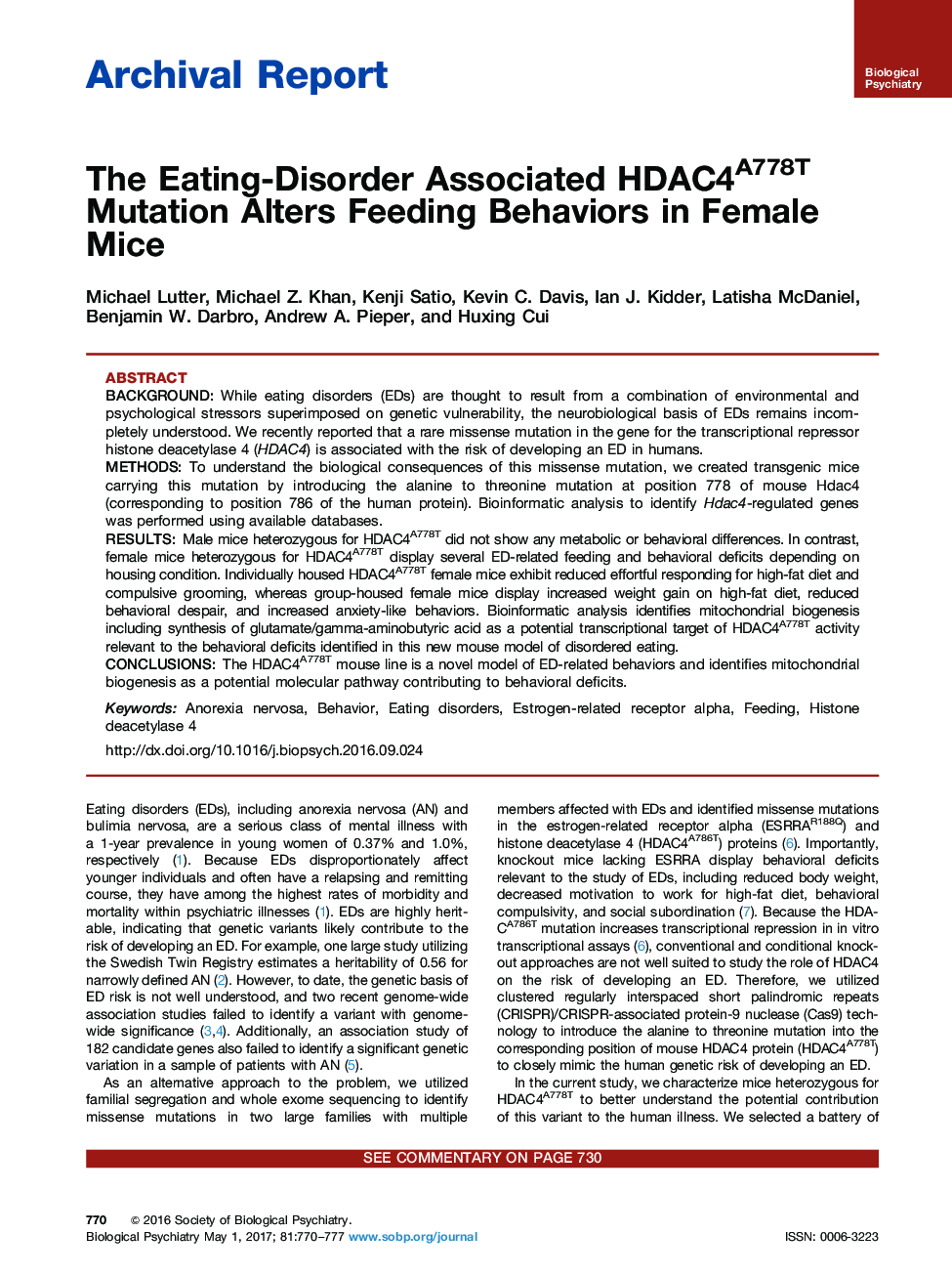 Archival ReportThe Eating-Disorder Associated HDAC4A778T Mutation Alters Feeding Behaviors in Female Mice