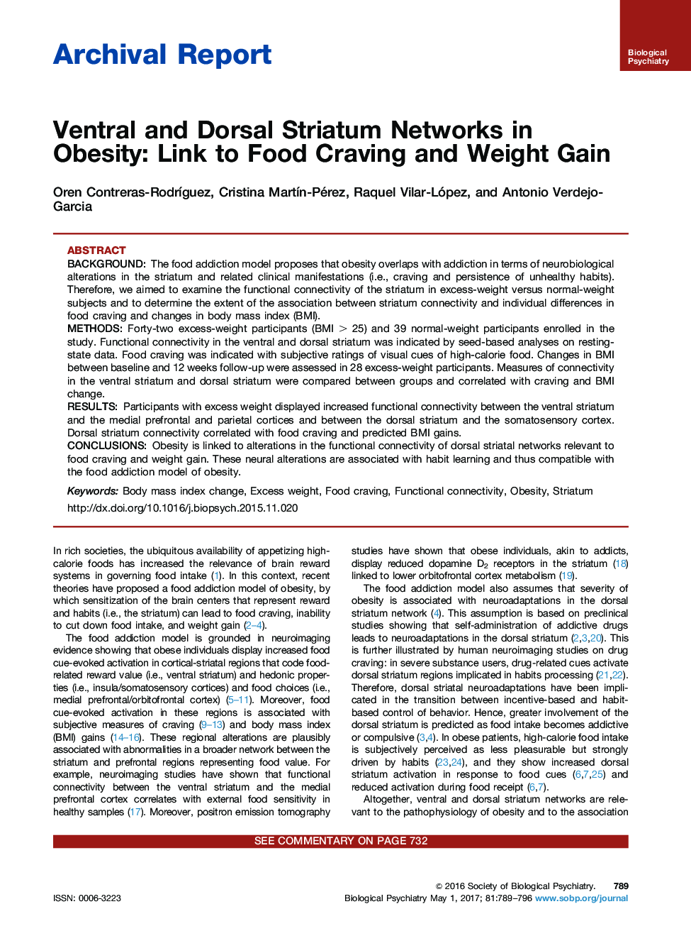 Archival ReportVentral and Dorsal Striatum Networks in Obesity: Link to Food Craving and Weight Gain