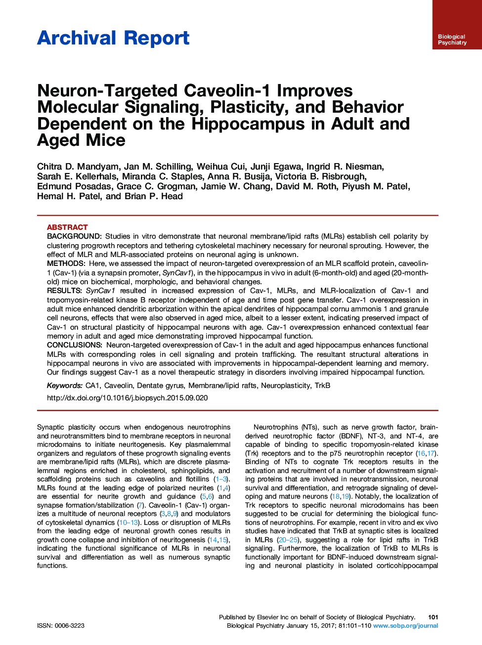 عکس صفحه اول مقاله: Archival ReportNeuron-Targeted Caveolin-1 Improves Molecular Signaling, Plasticity, and Behavior Dependent on the Hippocampus in Adult and Aged Mice Archival ReportNeuron-Targeted Caveolin-1 Improves Molecular Signaling, Plasticity, and Behavior Dependent on the Hippocampus in Adult and Aged Mice
