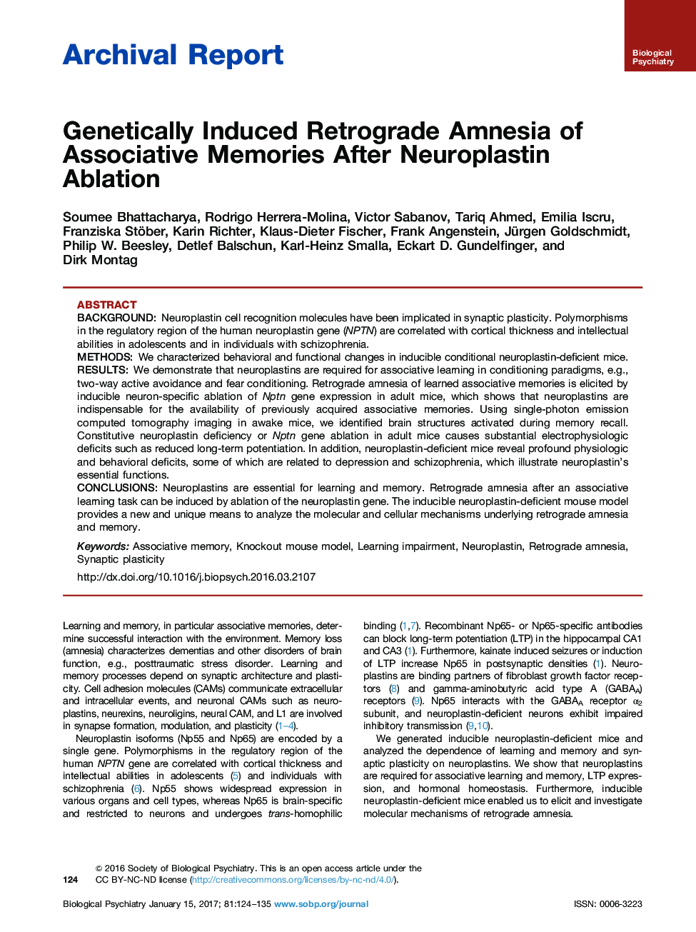 Archival ReportGenetically Induced Retrograde Amnesia of Associative Memories After Neuroplastin Ablation