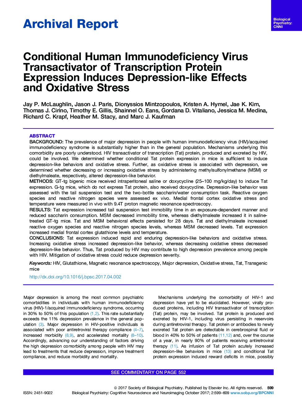 Archival ReportConditional Human Immunodeficiency Virus Transactivator of Transcription Protein Expression Induces Depression-like Effects andÂ Oxidative Stress
