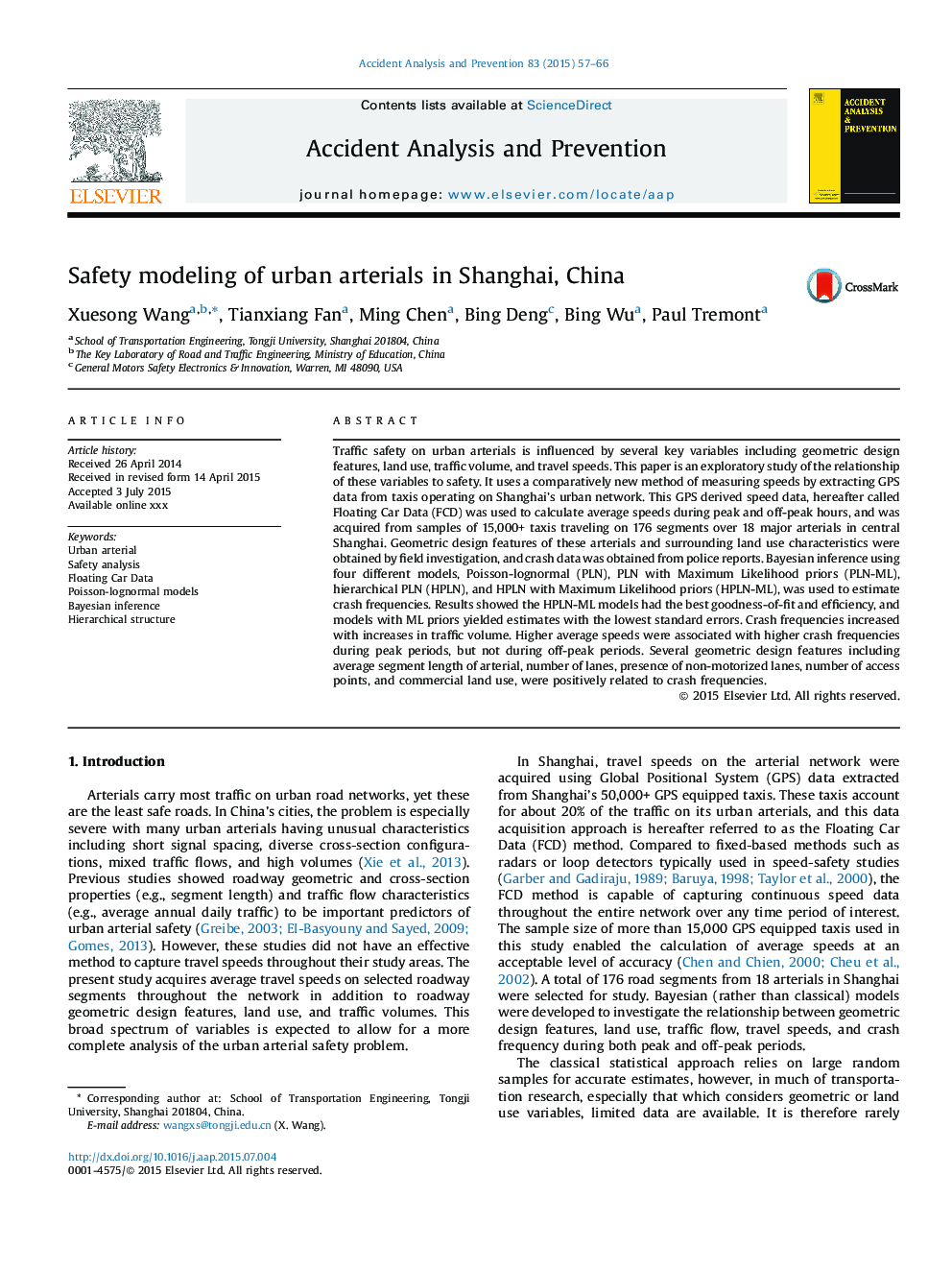 Safety modeling of urban arterials in Shanghai, China