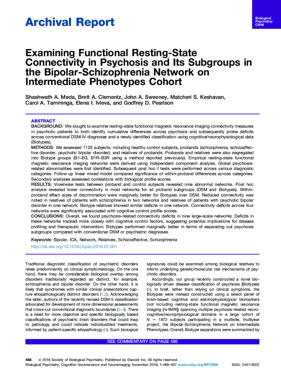 Archival ReportExamining Functional Resting-State Connectivity in Psychosis and Its Subgroups in the Bipolar-Schizophrenia Network on Intermediate Phenotypes Cohort