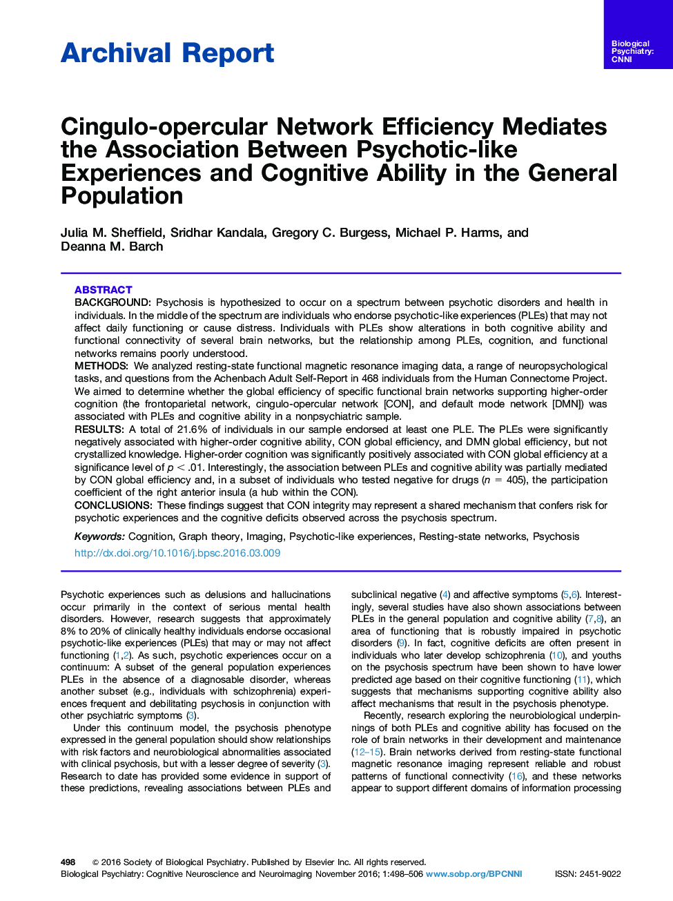 Archival ReportCingulo-opercular Network Efficiency Mediates the Association Between Psychotic-like Experiences and Cognitive Ability in the General Population