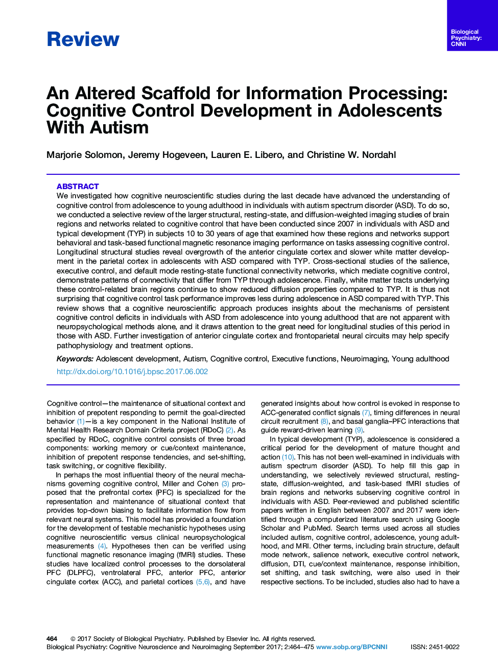 ReviewAn Altered Scaffold for Information Processing: Cognitive Control Development in Adolescents With Autism