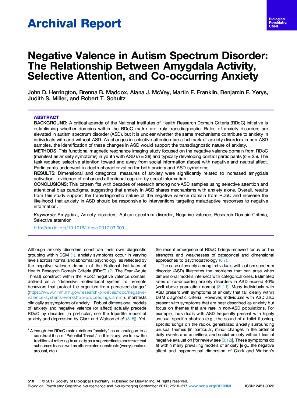 Archival ReportNegative Valence in Autism Spectrum Disorder: The Relationship Between Amygdala Activity, Selective Attention, and Co-occurring Anxiety