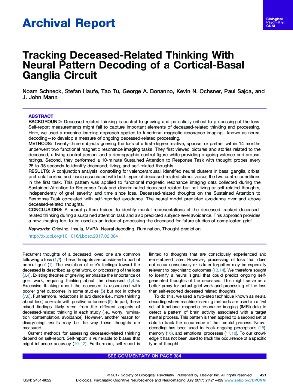 Archival ReportTracking Deceased-Related Thinking With Neural Pattern Decoding of a Cortical-Basal Ganglia Circuit