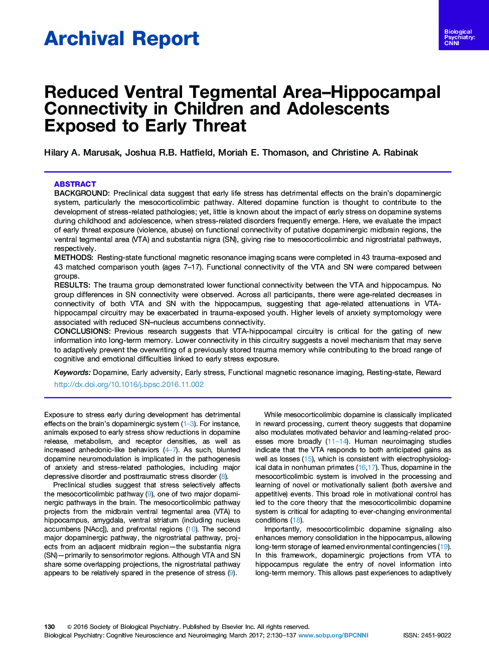 Archival ReportReduced Ventral Tegmental Area-Hippocampal Connectivity in Children and Adolescents Exposed to Early Threat