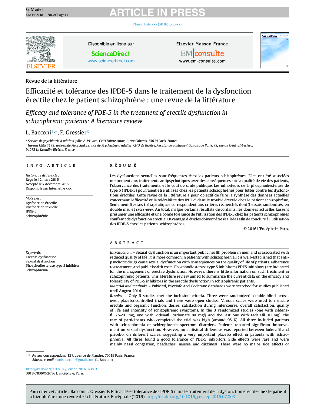 Efficacité et tolérance des IPDE-5Â dans le traitement de la dysfonction érectile chez le patient schizophrÃ¨neÂ : une revue de la littérature