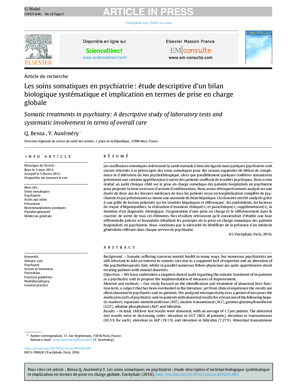 Les soins somatiques en psychiatrieÂ : étude descriptive d'un bilan biologique systématique et implication en termes de prise en charge globale