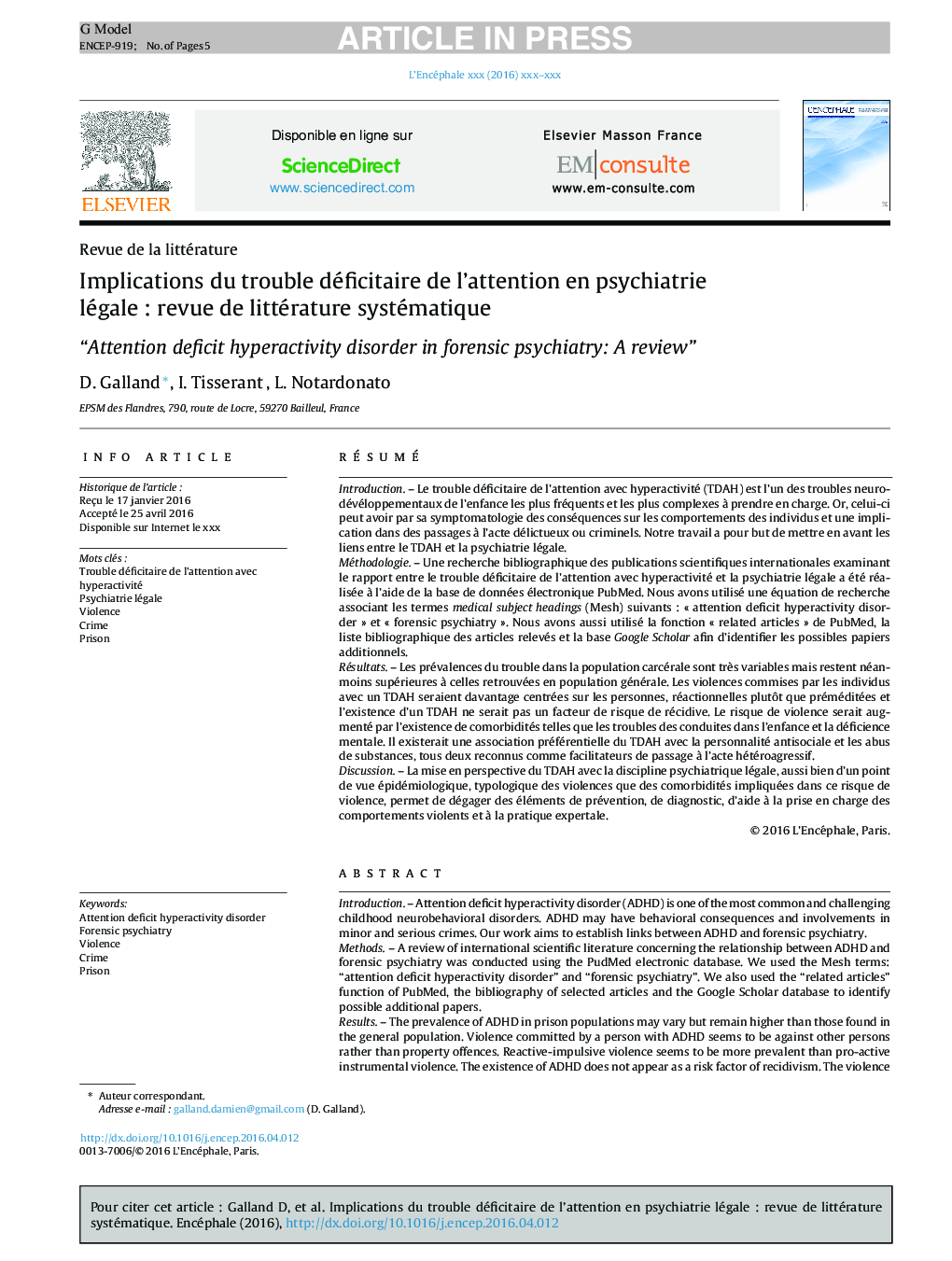 Implications du trouble déficitaire de l'attention en psychiatrie légaleÂ : revue de littérature systématique