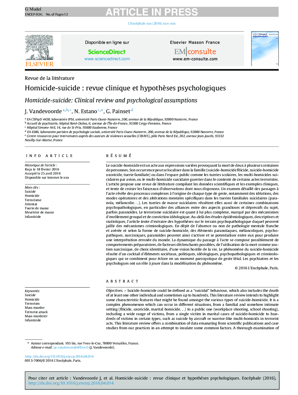 Homicide-suicideÂ : revue clinique et hypothÃ¨ses psychologiques