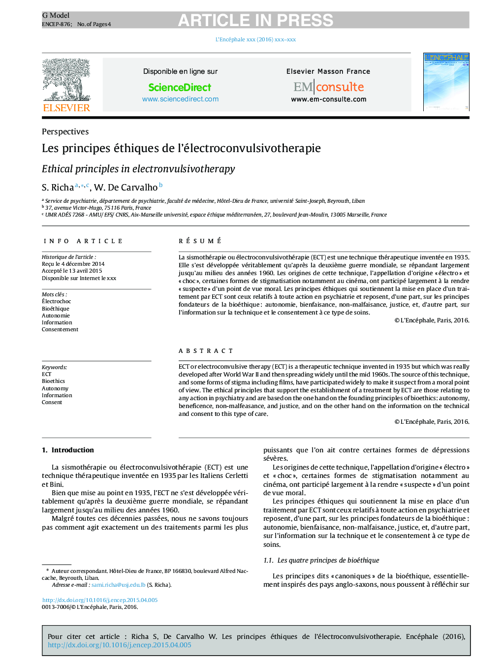 عکس صفحه اول مقاله: Les principes éthiques de l'électroconvulsivotherapie Les principes éthiques de l'électroconvulsivotherapie