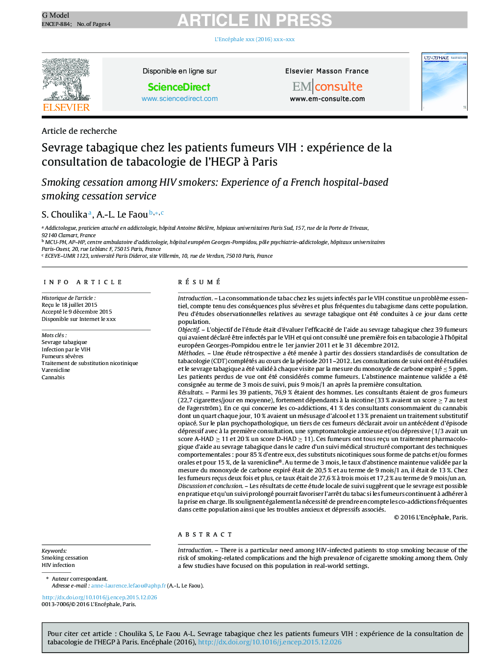 Sevrage tabagique chez les patients fumeurs VIHÂ : expérience de la consultation de tabacologie de l'HEGP Ã  Paris
