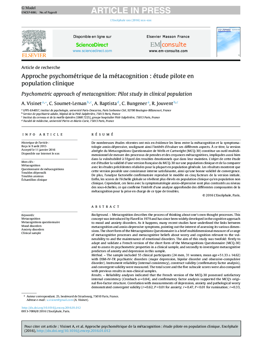 Approche psychométrique de la métacognitionÂ : étude pilote en population clinique