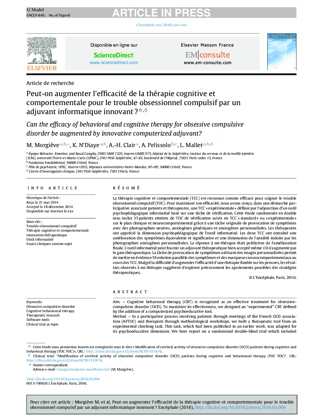 Peut-on augmenter l'efficacité de la thérapie cognitive et comportementale pour le trouble obsessionnel compulsif par un adjuvant informatique innovantÂ ?