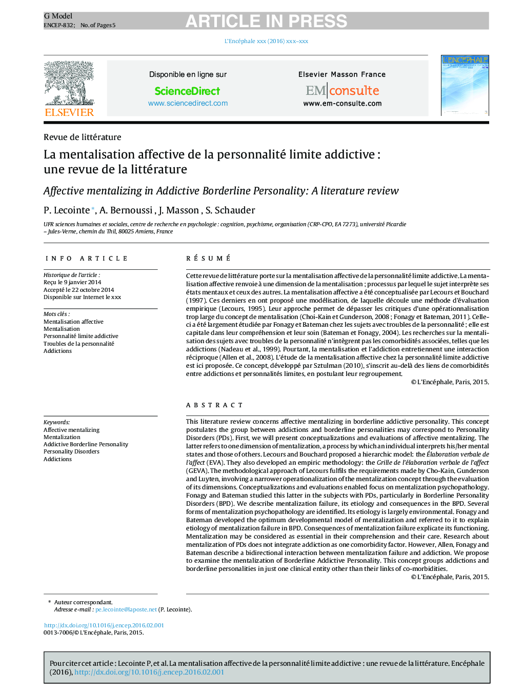 La mentalisation affective de la personnalité limite addictiveÂ : une revue de la littérature