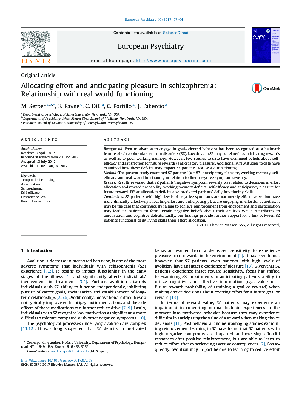 Original articleAllocating effort and anticipating pleasure in schizophrenia: Relationship with real world functioning