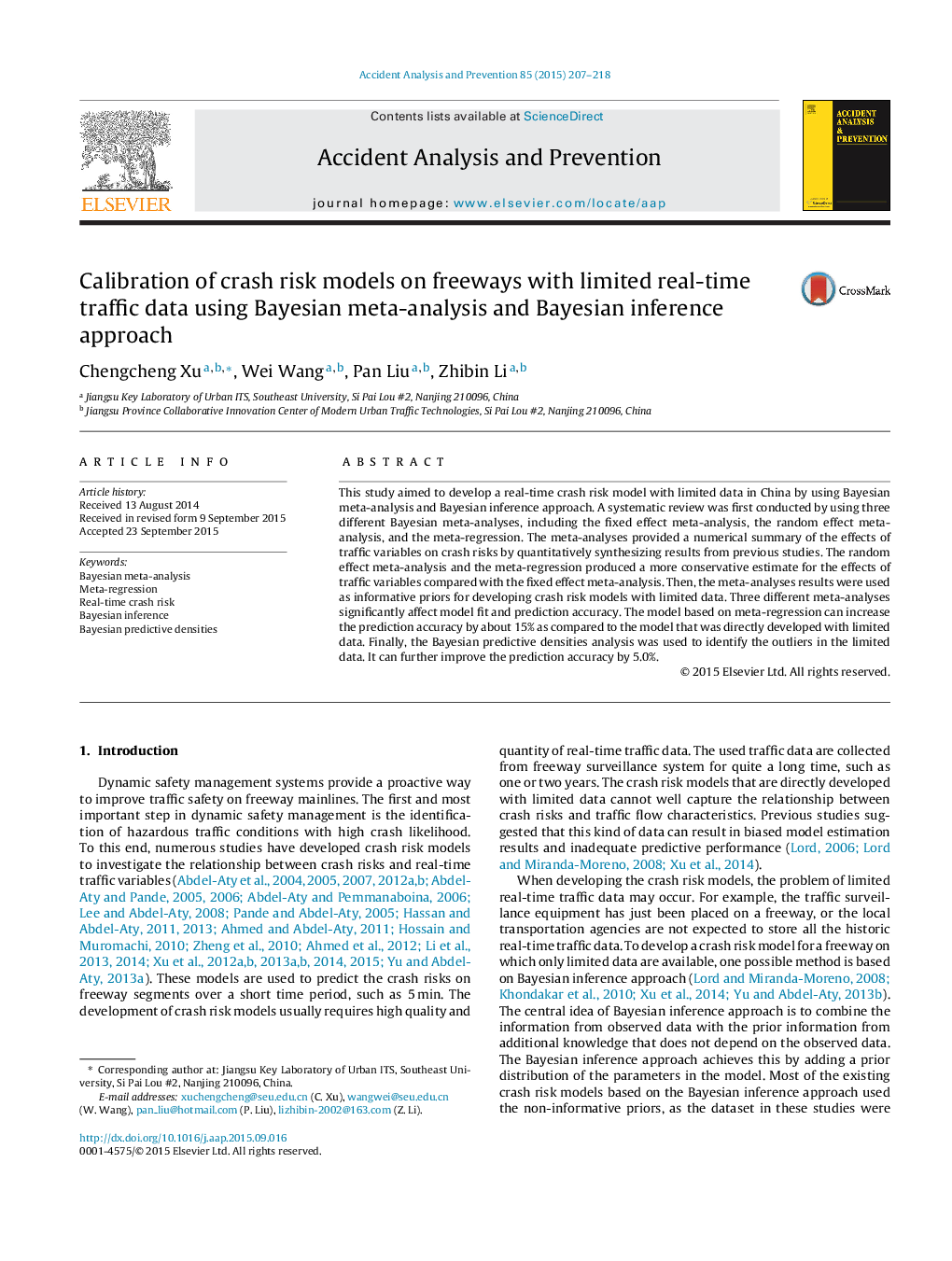 Calibration of crash risk models on freeways with limited real-time traffic data using Bayesian meta-analysis and Bayesian inference approach