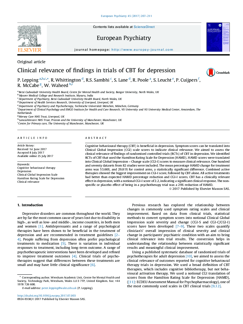 Original articleClinical relevance of findings in trials of CBT for depression