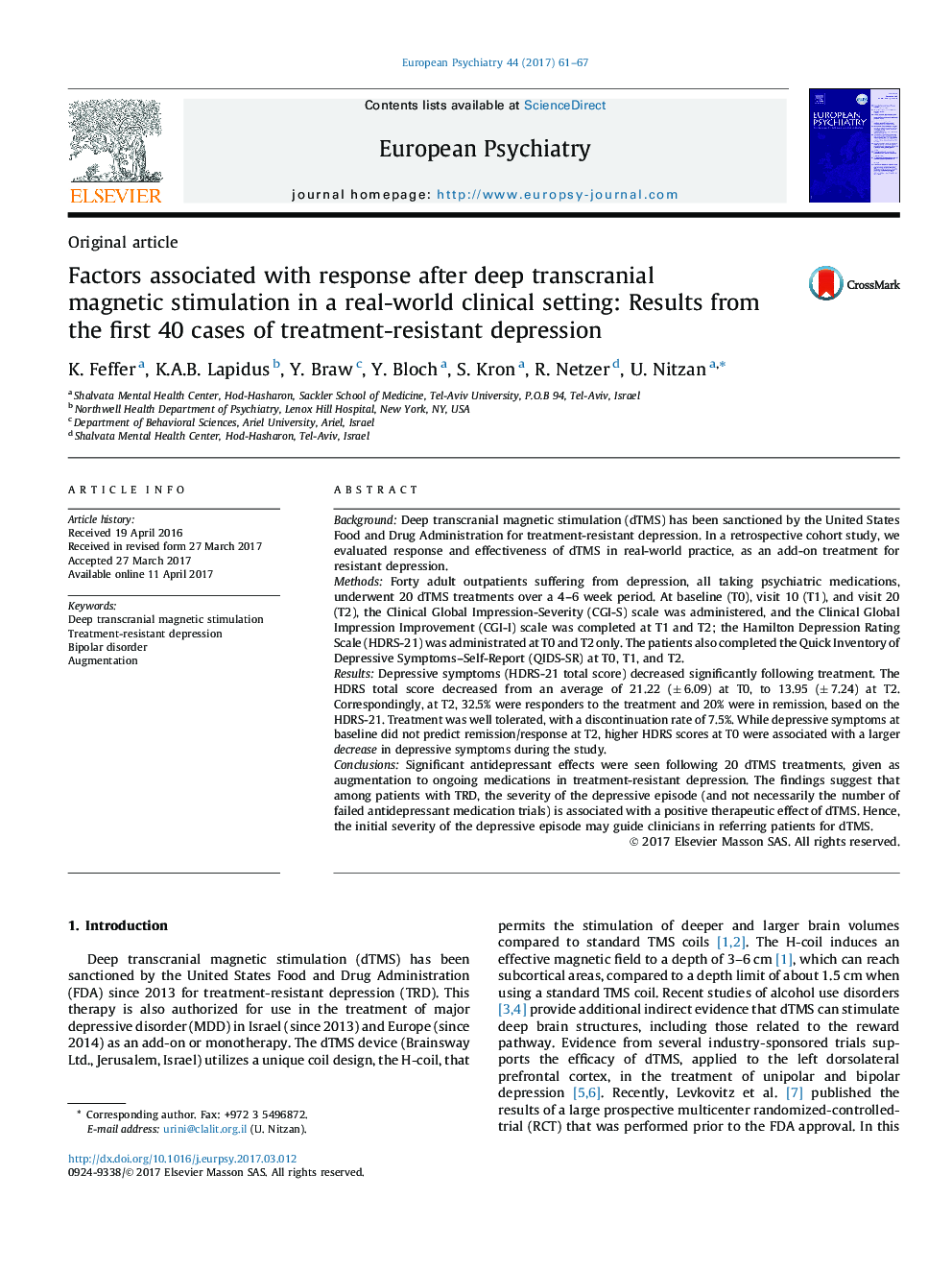 Original articleFactors associated with response after deep transcranial magnetic stimulation in a real-world clinical setting: Results from the first 40 cases of treatment-resistant depression