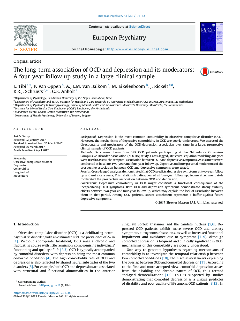 Original articleThe long-term association of OCD and depression and its moderators: A four-year follow up study in a large clinical sample