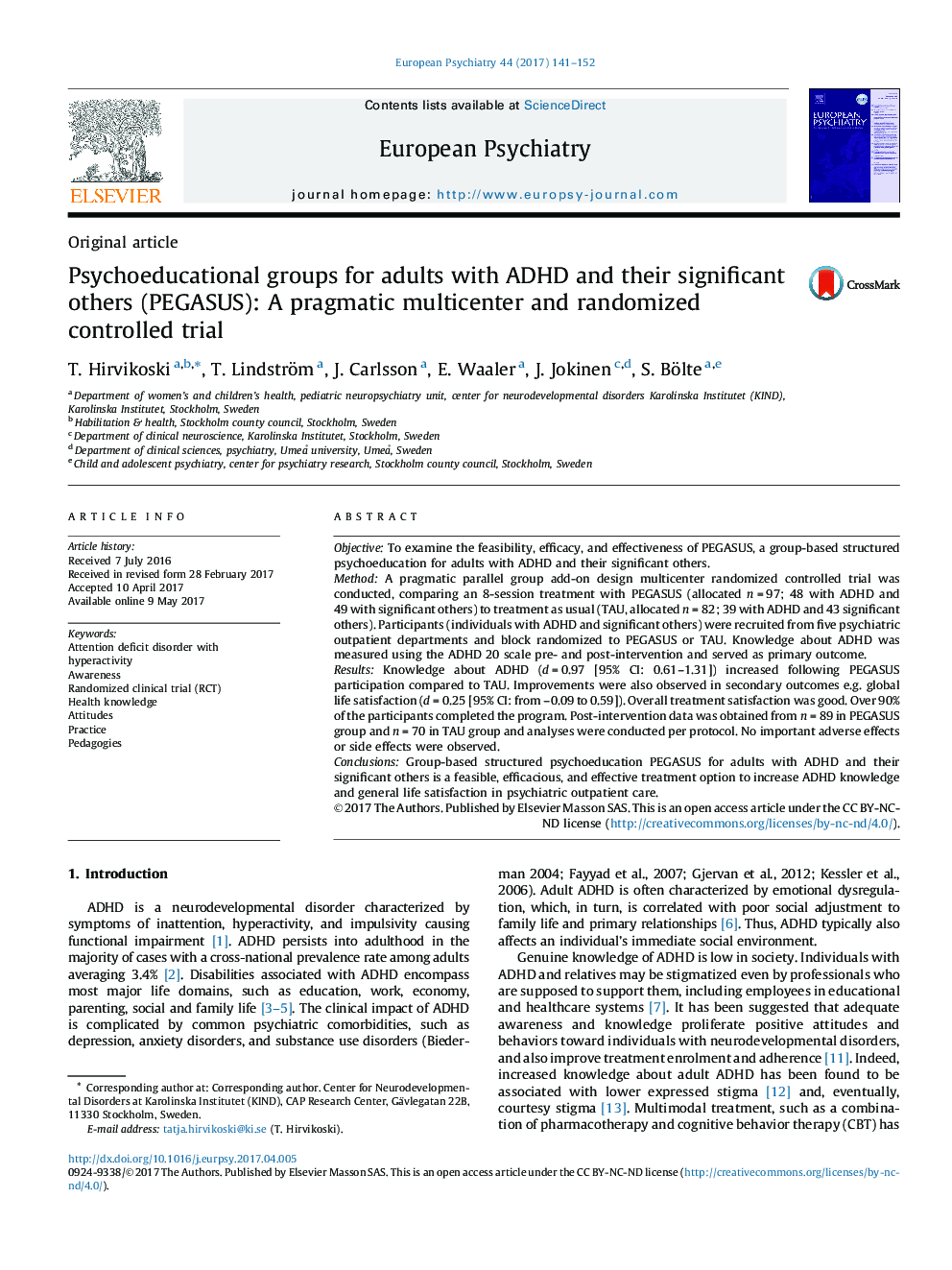 Original articlePsychoeducational groups for adults with ADHD and their significant others (PEGASUS): A pragmatic multicenter and randomized controlled trial